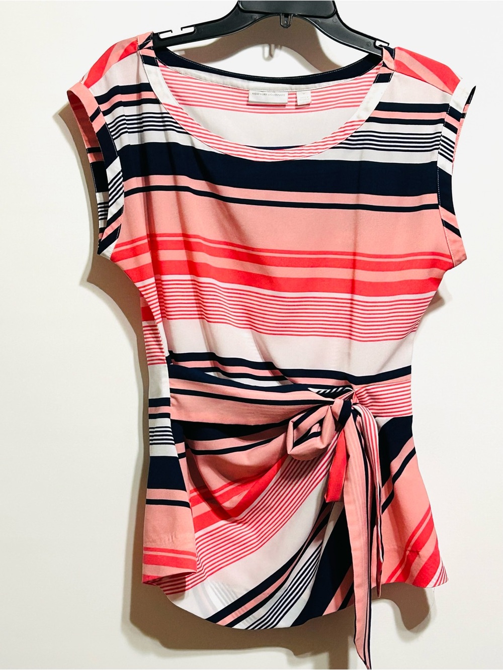 New York & Company Coral, Navy and White Striped Tie-Front Blouse